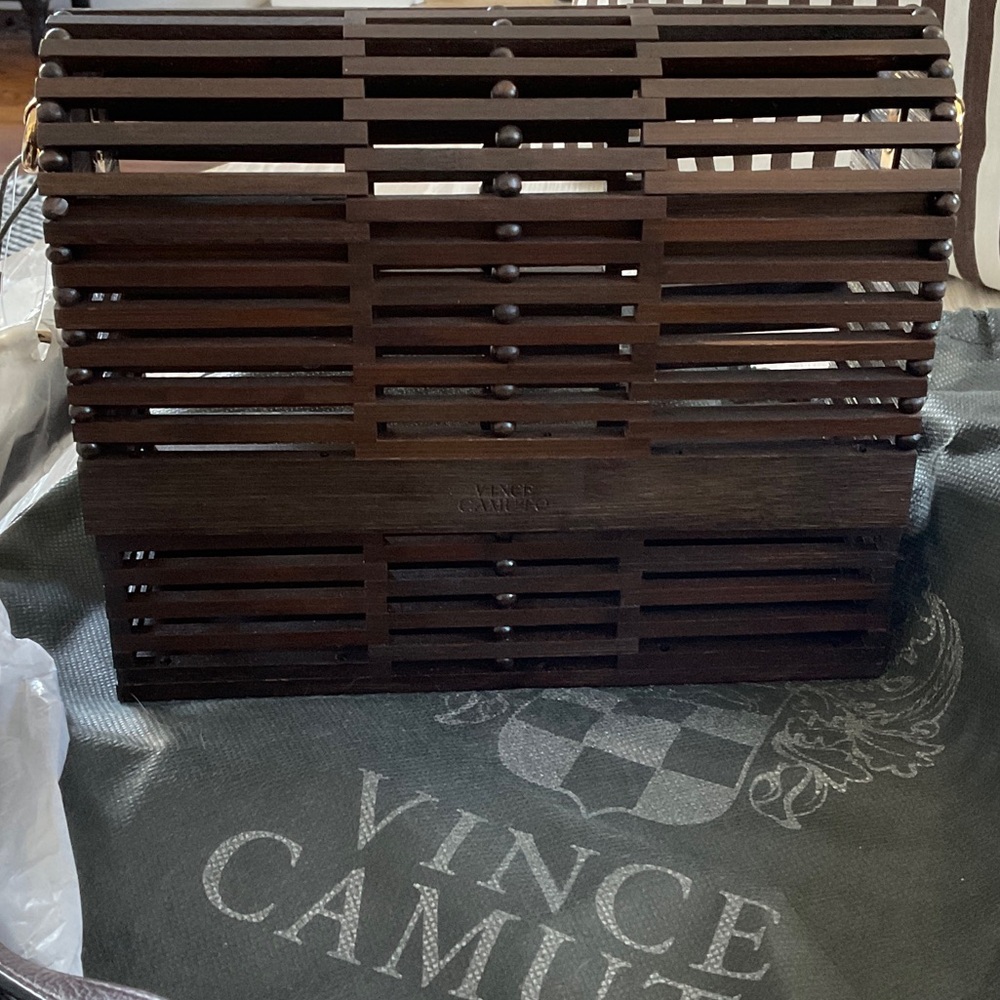 Vince Camuto Dark Brown Slatted Wooden Clutch